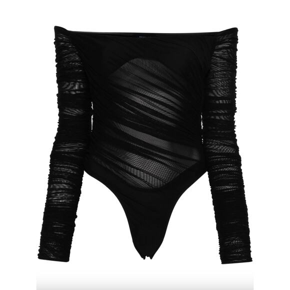 Mugler | NWT Ruched Mesh Off Shoulder Bodysuit in Black 40 FR / US L - Picture 1 of 13